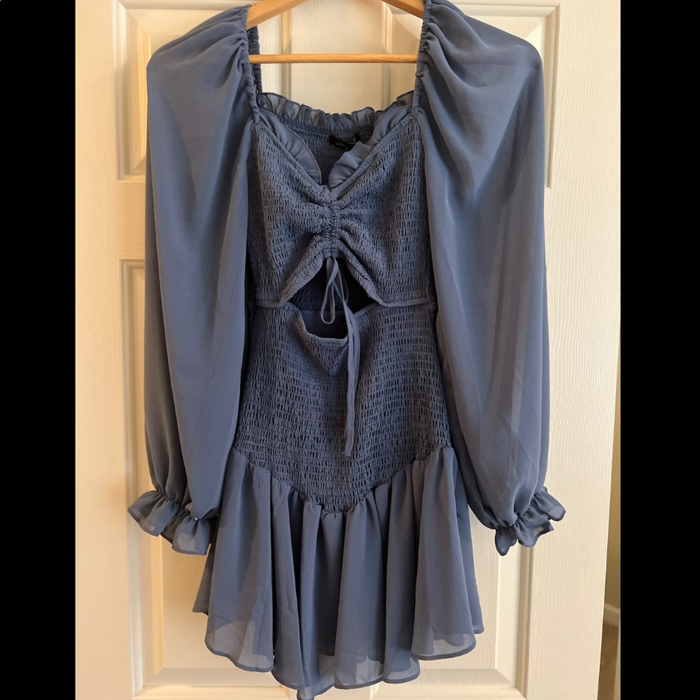 Blue Smocked Ruffle Hem Cut Out Mini Dress NWT